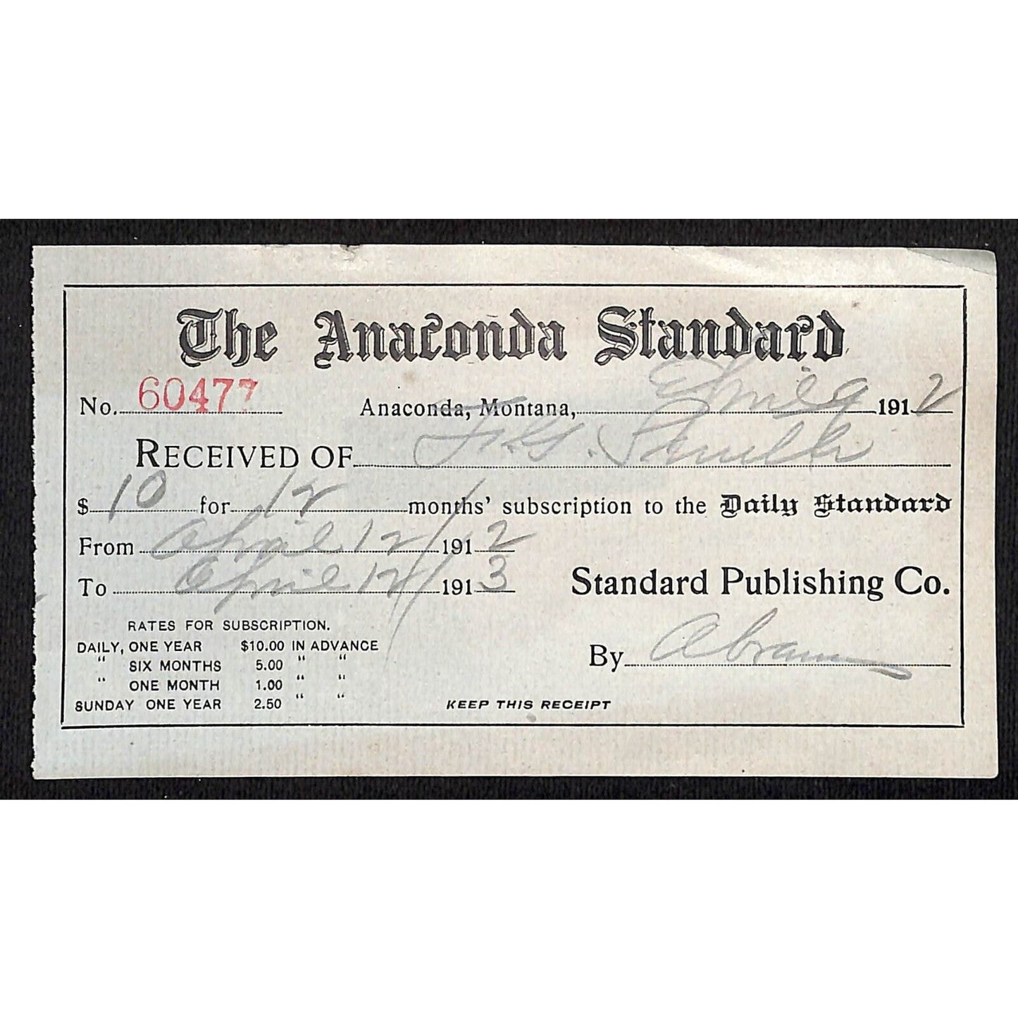 Anaconda Standard (Newspaper) 1912 Subscription Receipt #60477