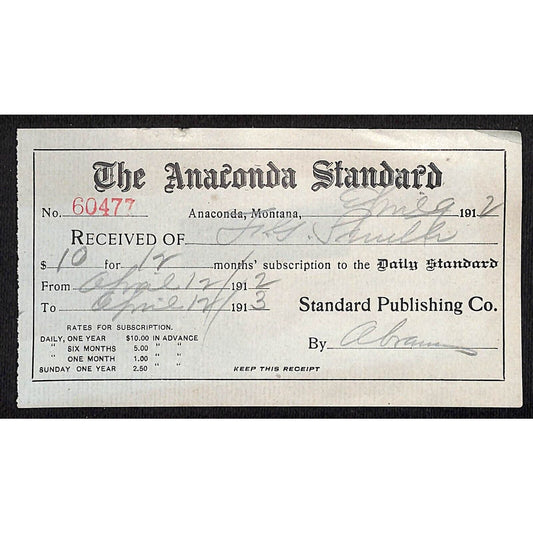 Anaconda Standard (Newspaper) 1912 Subscription Receipt #60477