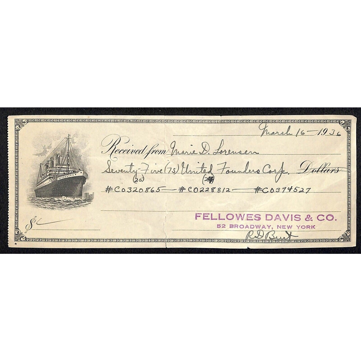 1936 Fellowes Davis & Co. (NYC Stock Trader) Receipt w/ Ocean Liner Vignette