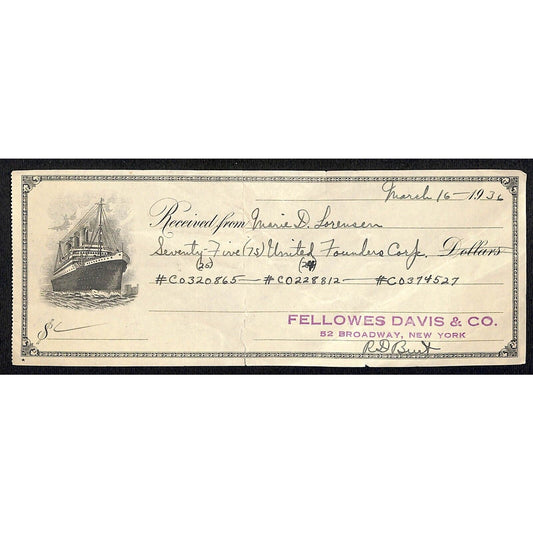 1936 Fellowes Davis & Co. (NYC Stock Trader) Receipt w/ Ocean Liner Vignette