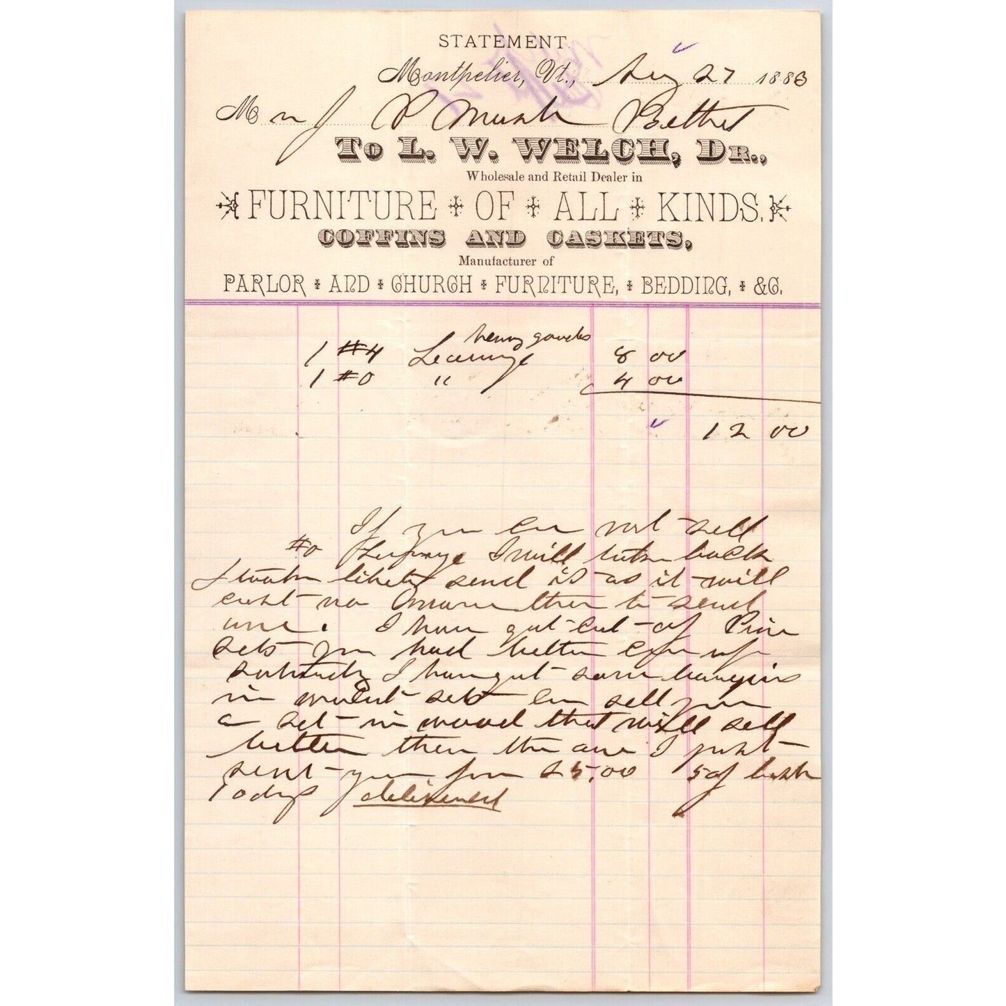 L.W. Welch Montpelier, VT Furniture 1880 ? Statement / Billhead VGC Scarce