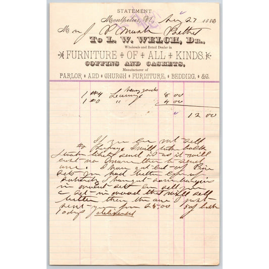 L.W. Welch Montpelier, VT Furniture 1880 ? Statement / Billhead VGC Scarce