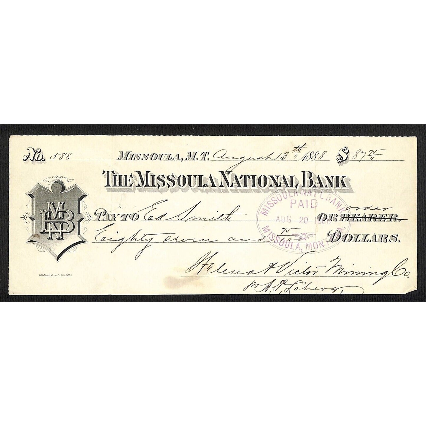 1888 Missoula National Bank Montana Territory Check Helena & Victor Mining #588
