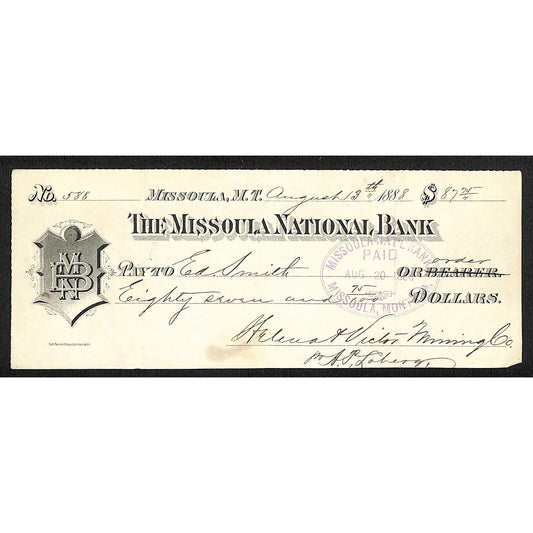 1888 Missoula National Bank Montana Territory Check Helena & Victor Mining #588