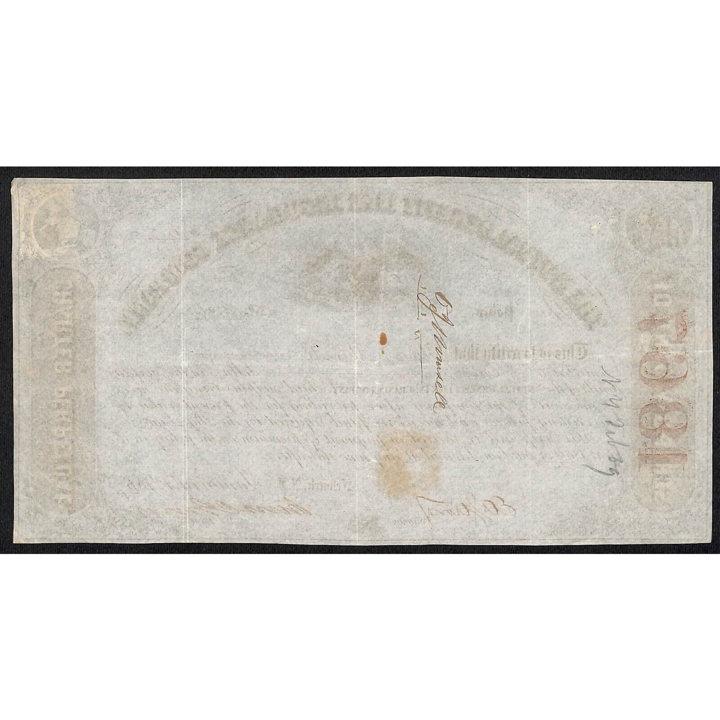 Mutual Benefit Life Insurance Co 1867 Dividend Certificate to Oliver J. Munsell*