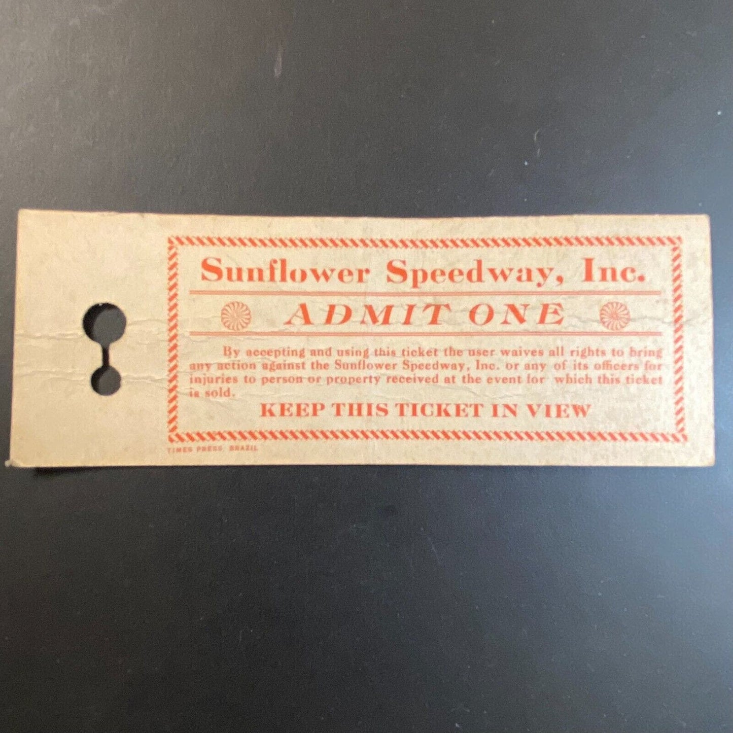 Sunflower Speedway (Brazil, IN) Auto Racing "Admit One" Ticket c1927 Very Scarce