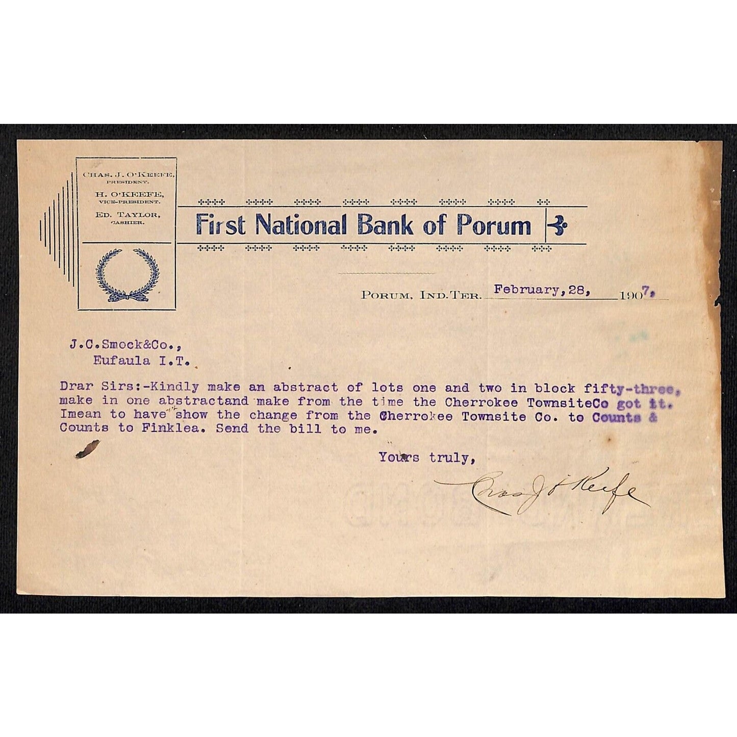 First National Bank Porum Indian Territory Oklahoma 1907 TLS Letterhead