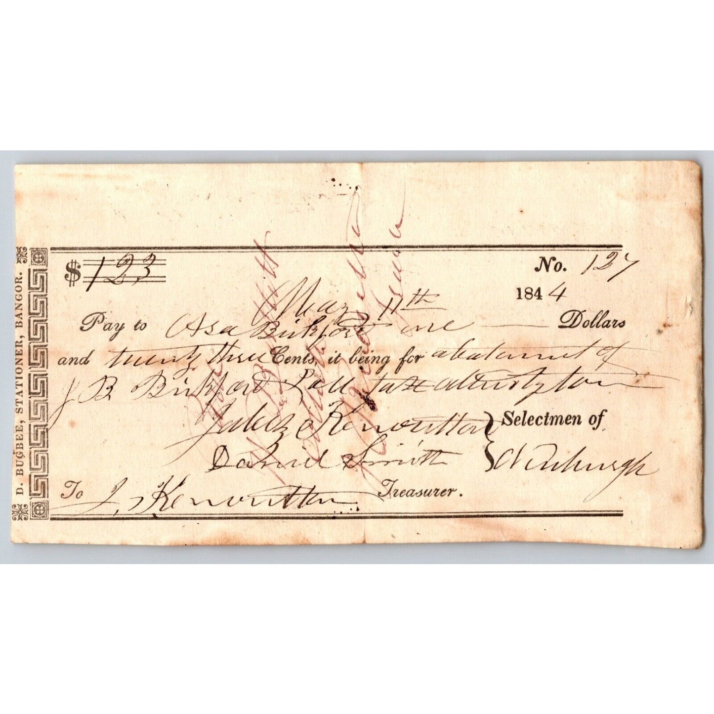 1844 Jabez Knowlton* Newburgh ME Town Check to Asa Bickford