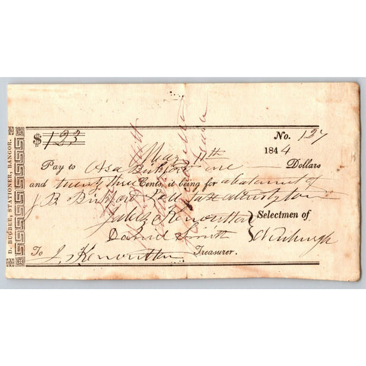 1844 Jabez Knowlton* Newburgh ME Town Check to Asa Bickford