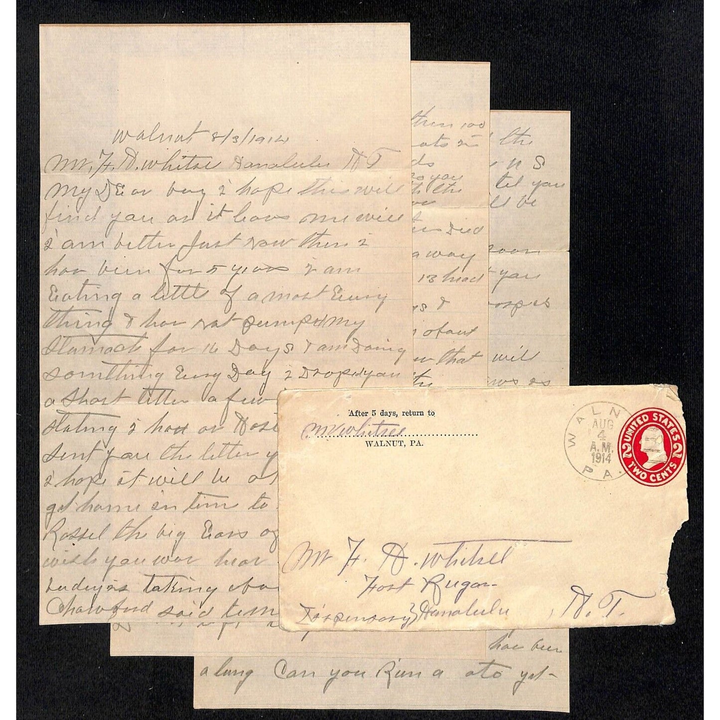 1914 3pp ALS + Cover to F.H. Whitsel ? Fort Ruger Honolulu