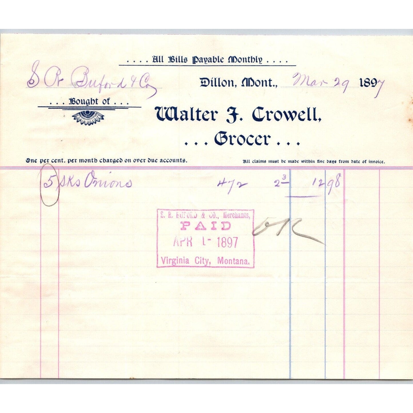 Dillon, MT Walter J. Crowell Grocer 1897 Billhead S.R. Buford* Virginia City