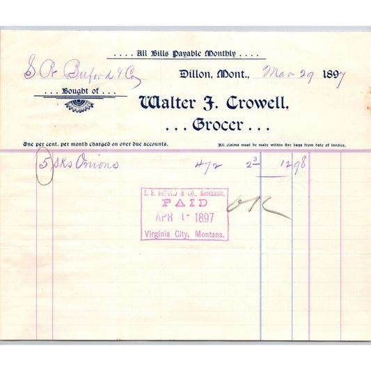 Dillon, MT Walter J. Crowell Grocer 1897 Billhead S.R. Buford* Virginia City