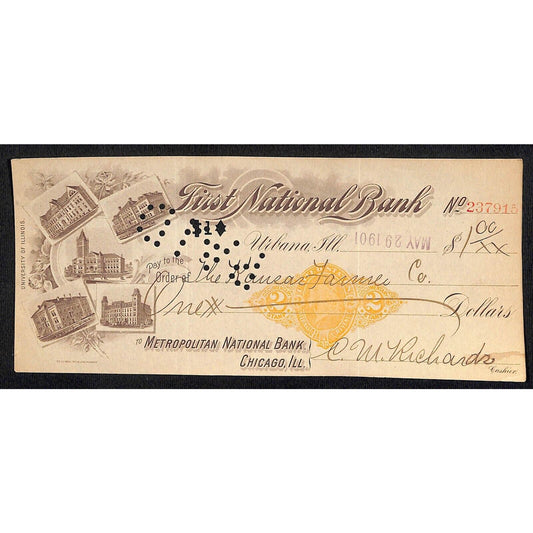 FNB Urbana, IL $1 1901 Bank Check Revenue Stamp w/ University Bldg. Vignettes
