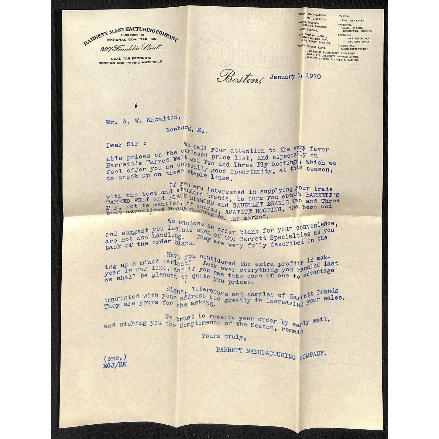 Boston, MA Barrett Manufacturing Roofing 1910 Letterhead & Order Form Knowlton*