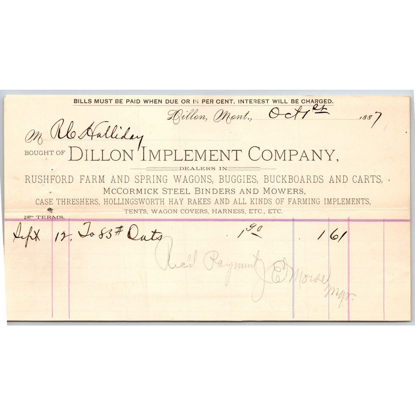 Dillon, MT Dillon Implement Co. Rushford Wagons 1887 Billhead R.C. Halliday*