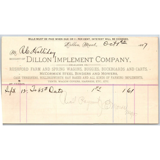 Dillon, MT Dillon Implement Co. Rushford Wagons 1887 Billhead R.C. Halliday*