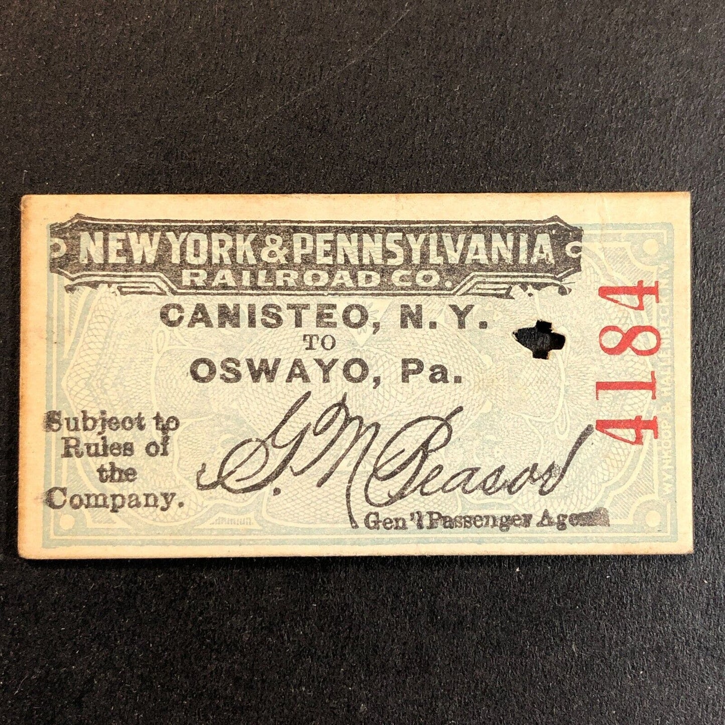 New York & Pennsylvania Railroad July 11 1917 Oswayo Ticket #4184 Scarce