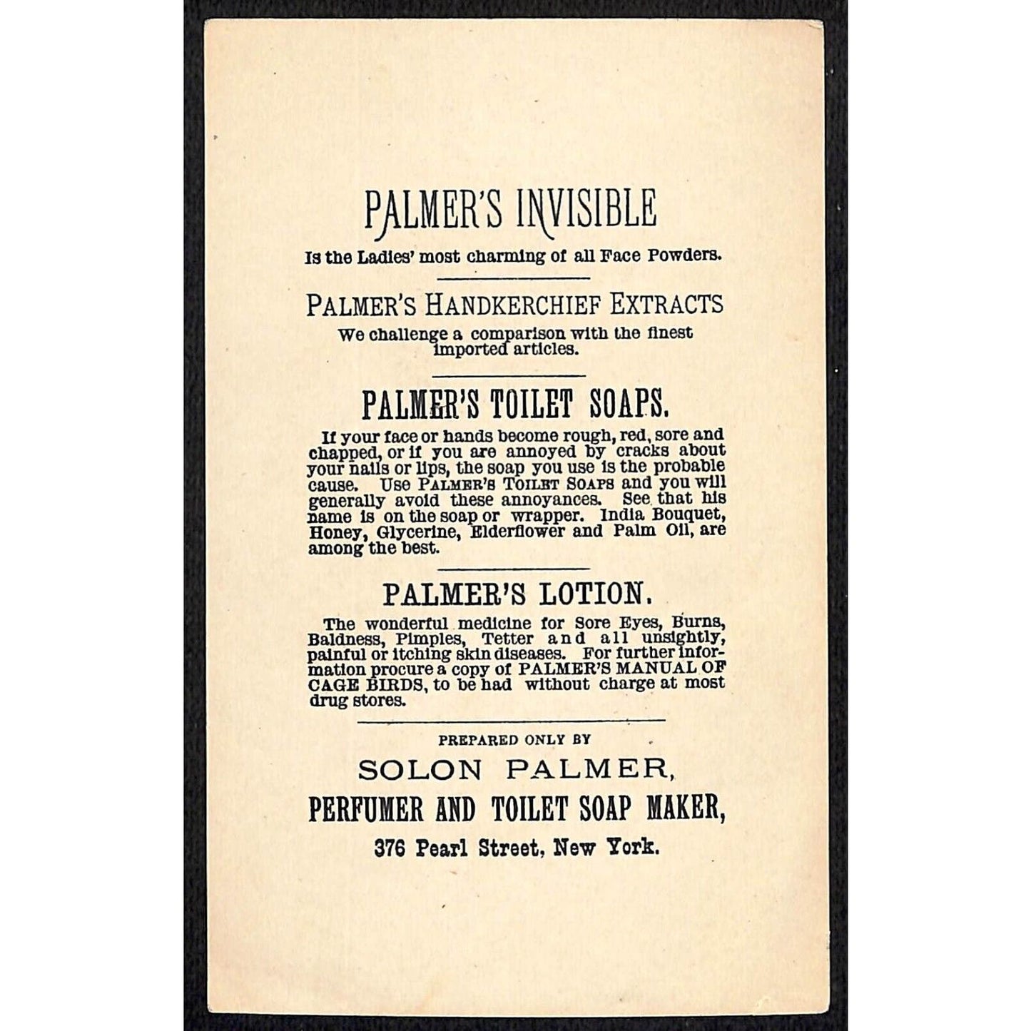 Solon Palmer Perfumer & Toilet Soap Maker Pearl St. NYC Victorian Trade Card