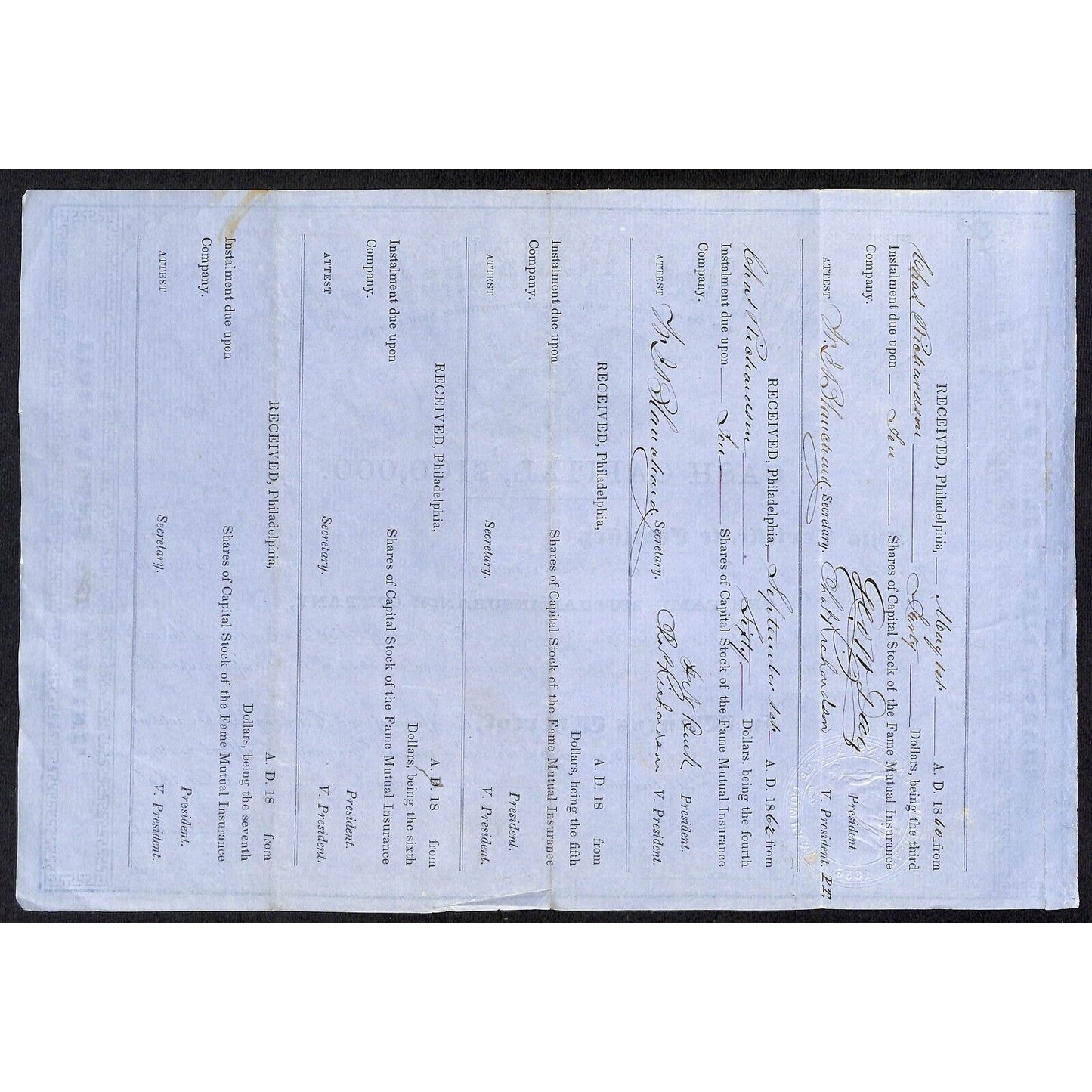 Fame Mutual Insurance Company PA 1856 Stock Certificate Charles Richardson VGC