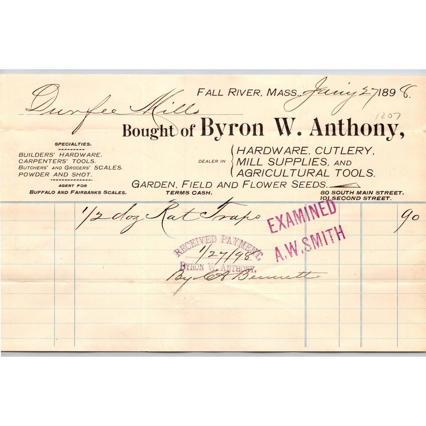 Byron W. Anthony Hardware Cutlery Mill Supplies Fall River, MA 1898 Billhead VGC