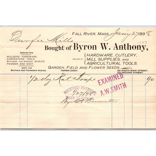 Byron W. Anthony Hardware Cutlery Mill Supplies Fall River, MA 1898 Billhead VGC