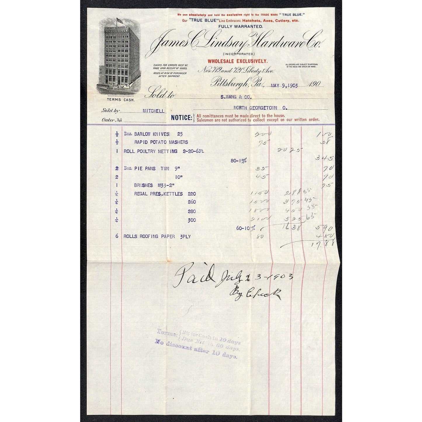James C. Lindsay Hardware Co. Pitts 1903 Billhead Samuel Wang* N. Georgetown, OH