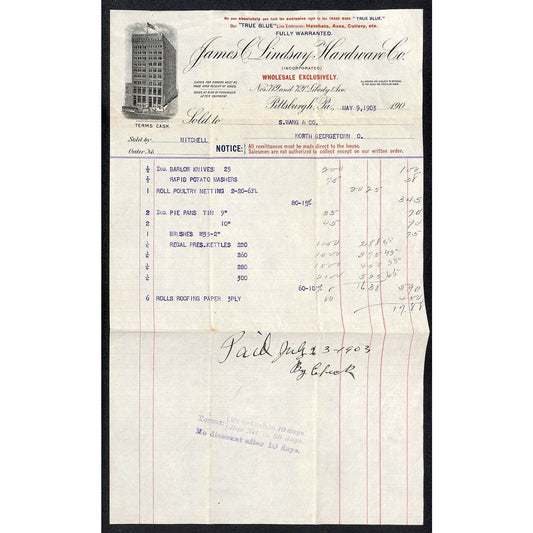 James C. Lindsay Hardware Co. Pitts 1903 Billhead Samuel Wang* N. Georgetown, OH