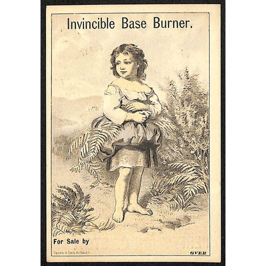 Invincible Base Burner Victorian Trade Card Barefoot Girl Gathers Leaves