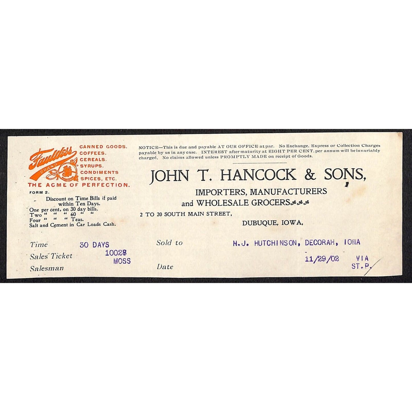 John T Hancock & Sons Dubuque Grocers Hutchinson Decorah* 11/1902 Cut Billhead