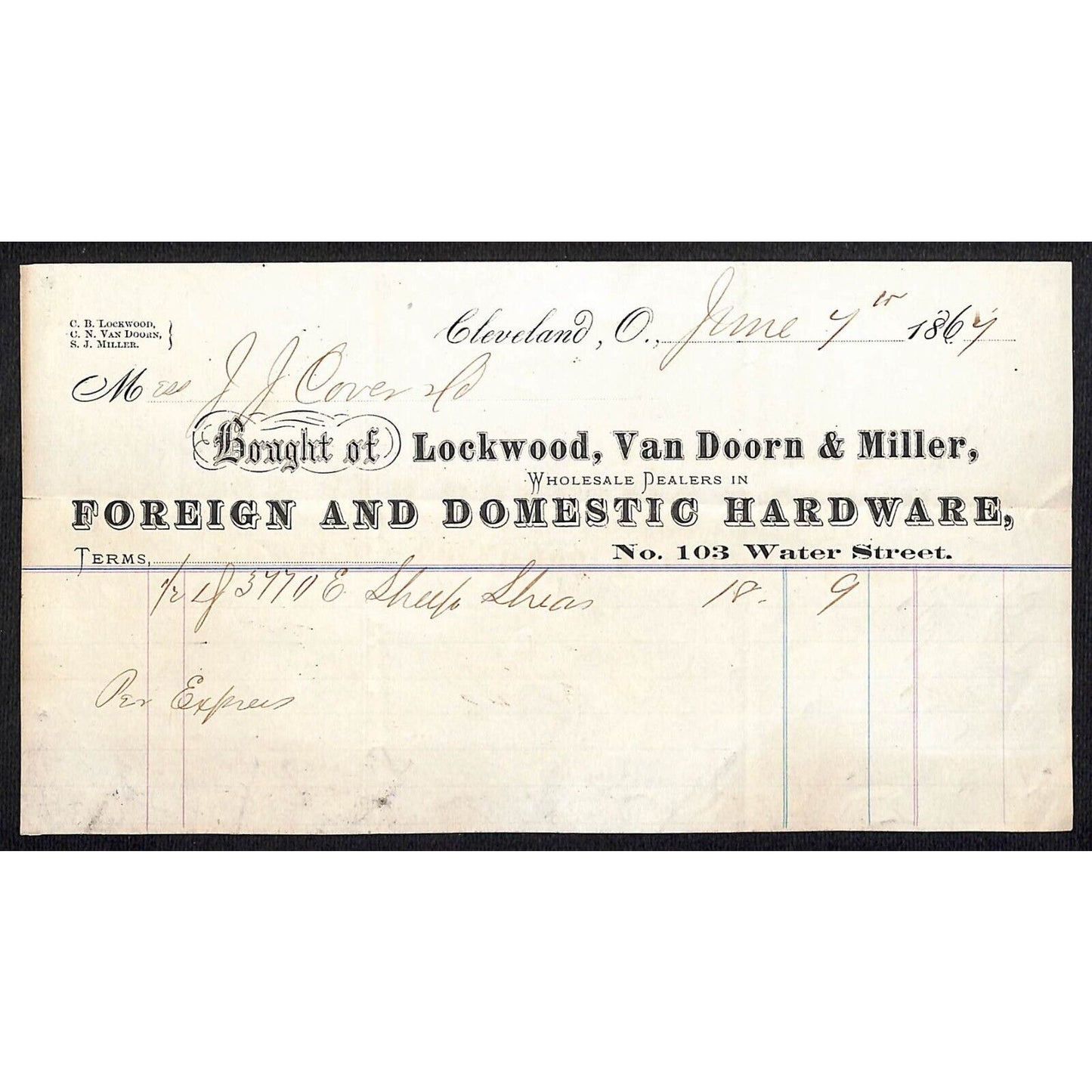 Lockwood, Van Doorn & Miller Hardware Cleveland 1867 Billhead Scarce J.J. Cover*