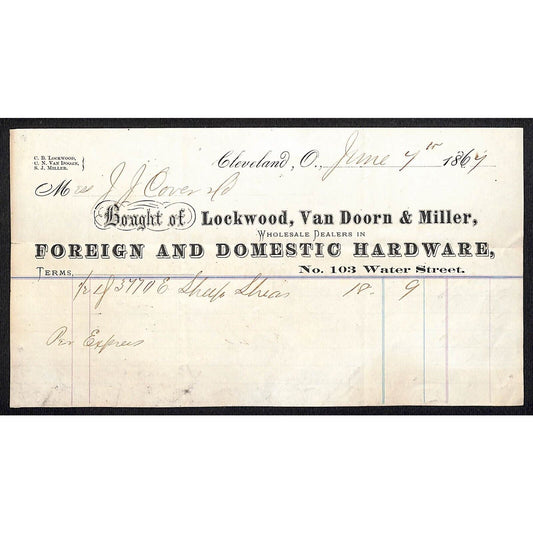 Lockwood, Van Doorn & Miller Hardware Cleveland 1867 Billhead Scarce J.J. Cover*