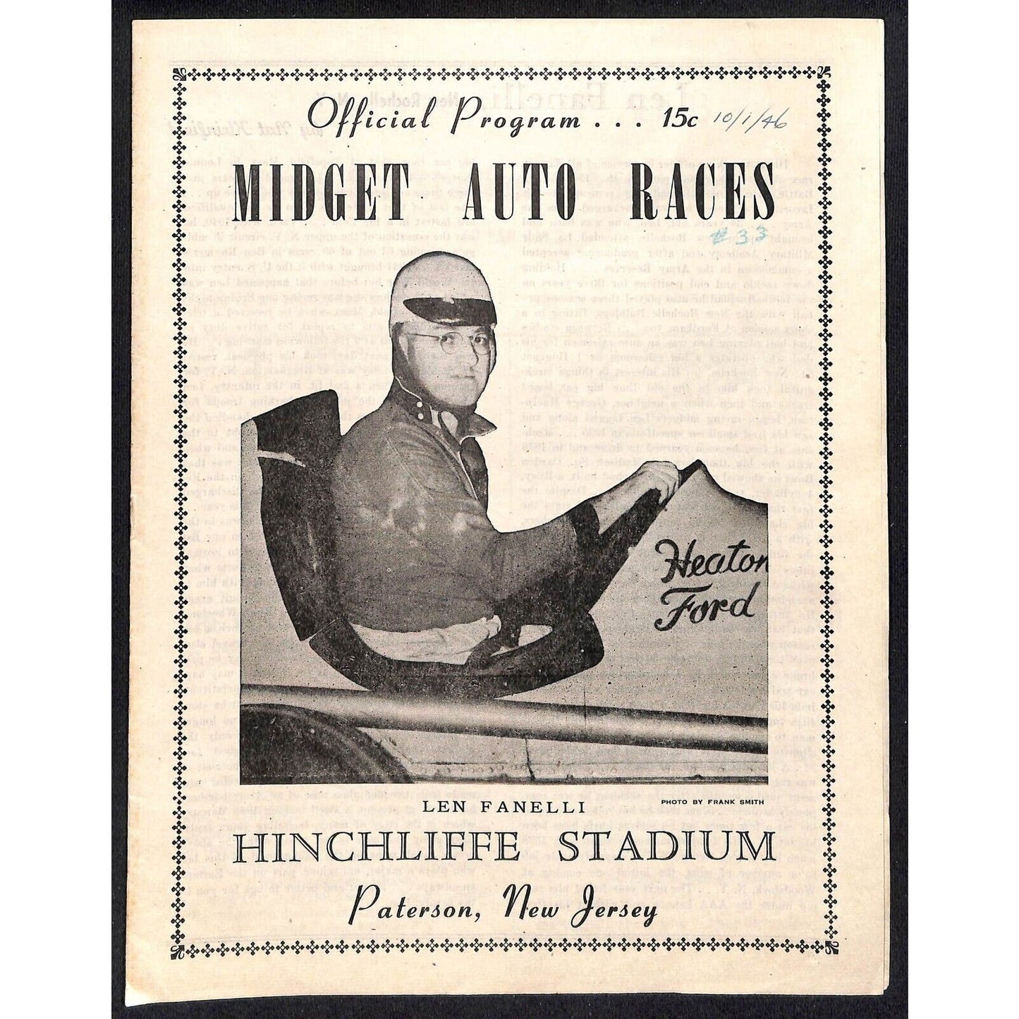Hinchliffe Stadium Midget Auto Races 10/1/1946 Program Len Fanelli 4pp Scarce