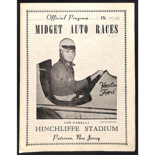 Hinchliffe Stadium Midget Auto Races 10/1/1946 Program Len Fanelli 4pp Scarce