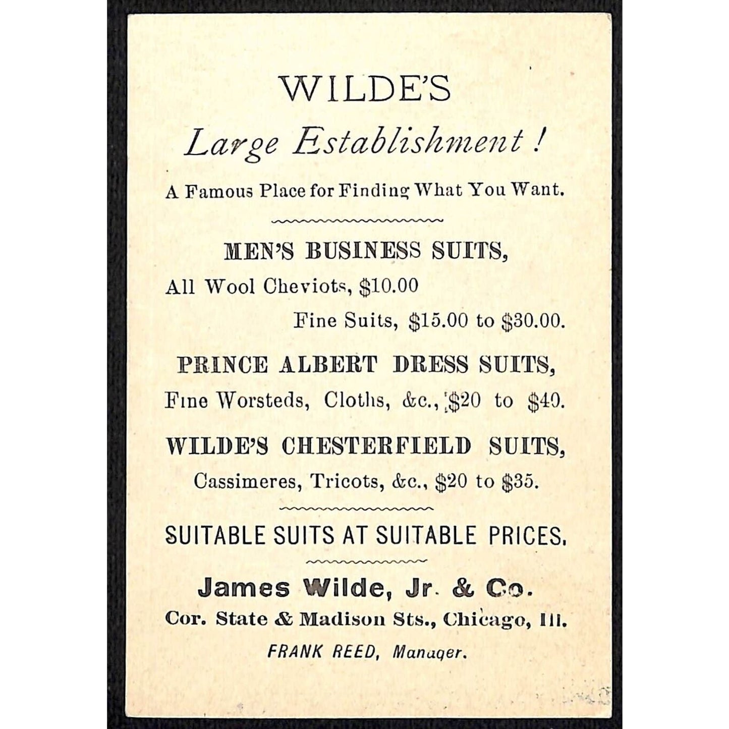 James Wilde, Jr. & Co. Chicago Men's Suits Victorian Trade Card Cupid w/ Woman