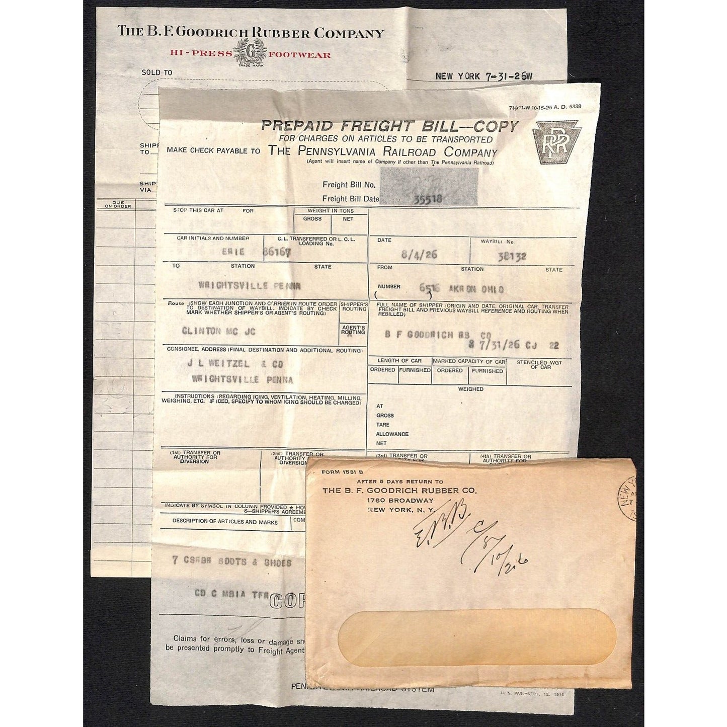 B.F. Goodrich Rubber Goods 1929 Penn RR Waybill Billhead + Cover