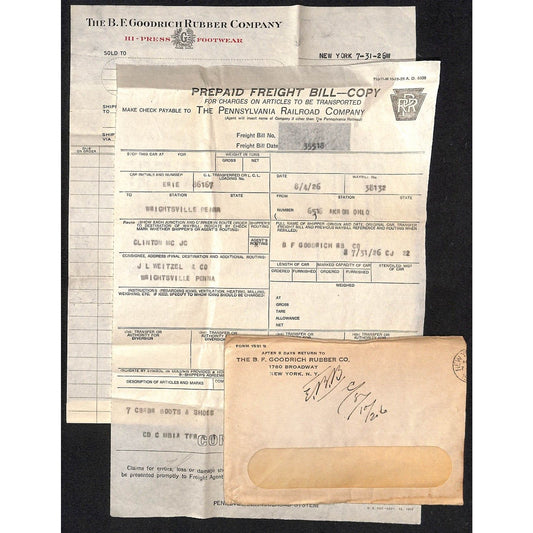 B.F. Goodrich Rubber Goods 1929 Penn RR Waybill Billhead + Cover
