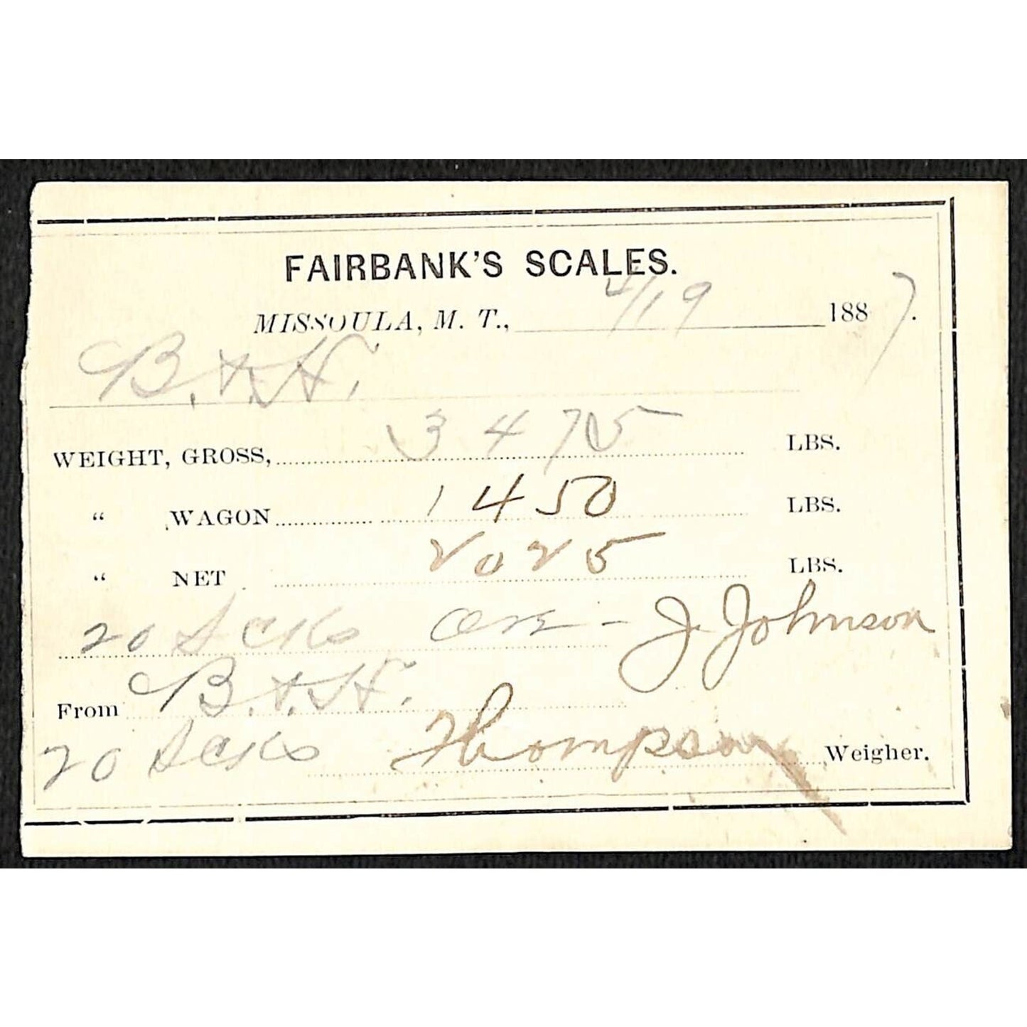 1887 Missoula Montana Territory Fairbank's Scales Mining Ore Weight Receipt (#7)
