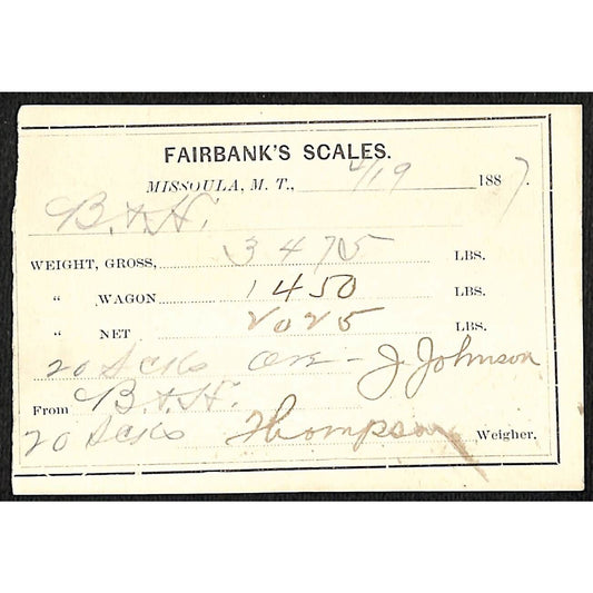 1887 Missoula Montana Territory Fairbank's Scales Mining Ore Weight Receipt (#7)