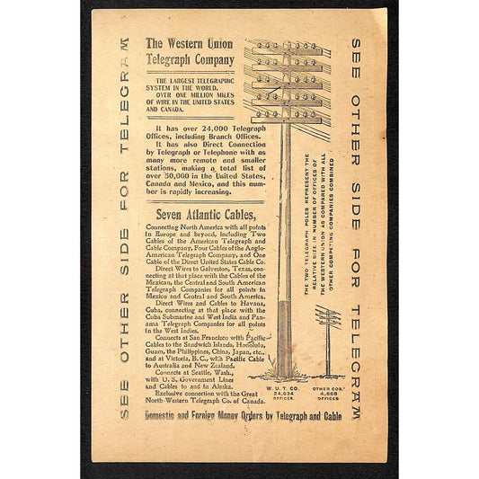 Western Union Telegraph Night Message 1910 Receipt w/ Illustrated Pole Vignette