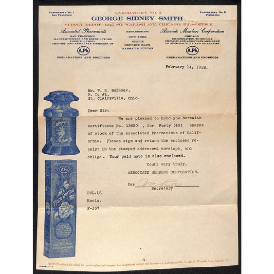 George Sidney Smith Pharmacist Laboratories Chicago 1918 Letterhead Vignette