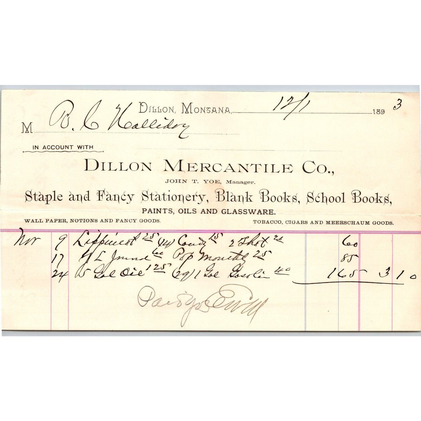 Dillon MT Dillon Mercantile Co. John T. Yoe Dec. 1893 Billhead R.C. Halliday*