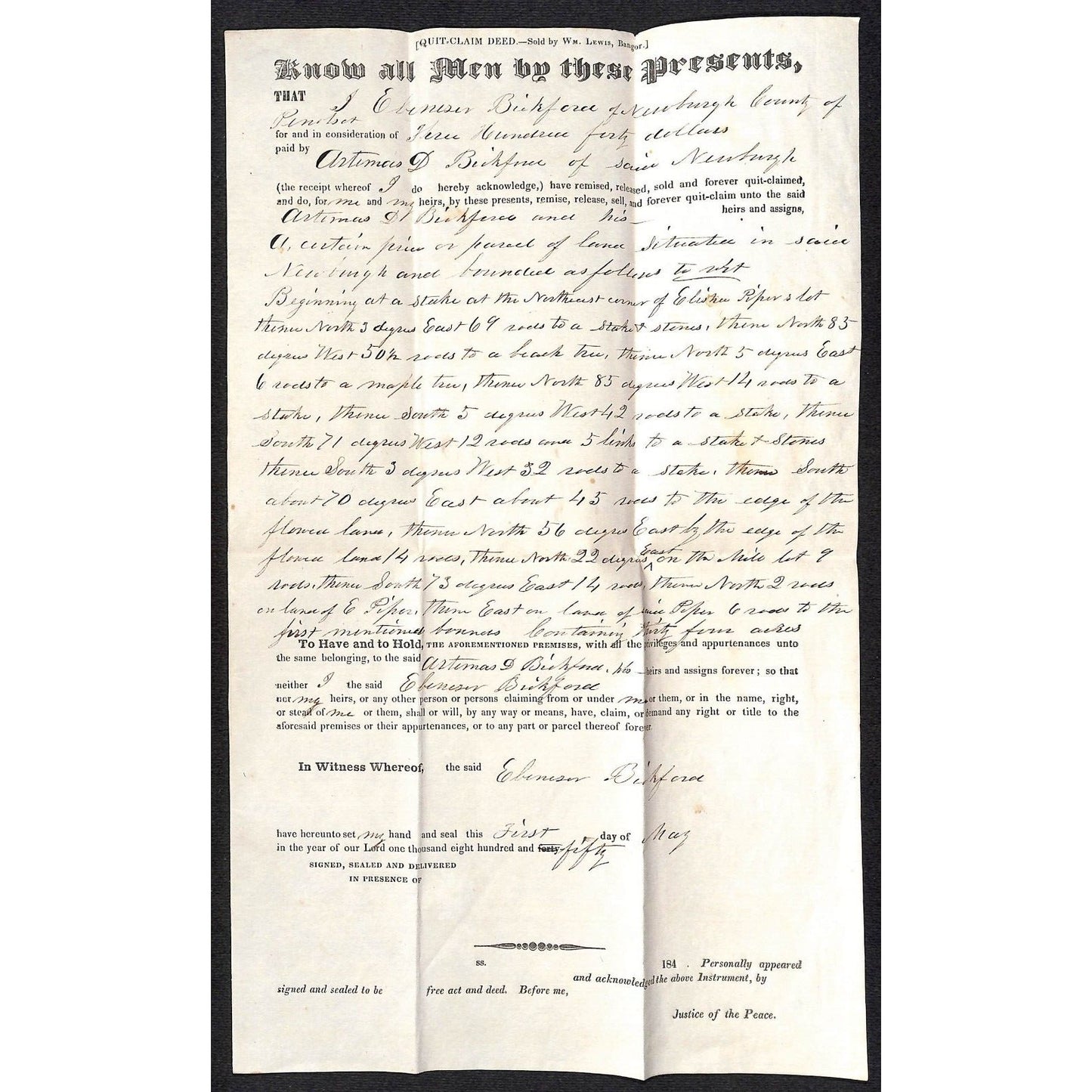 1850 Artimas D. Bickford / Knowlton* Newburgh, ME Quit Claim Deed Elizabeth