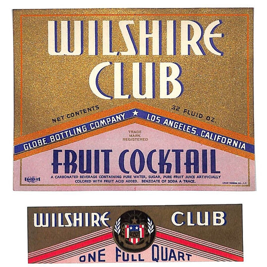 Wilshire Club Fruit Cocktail Globe Bottling LA, CA Bottle Label Set c1935-45