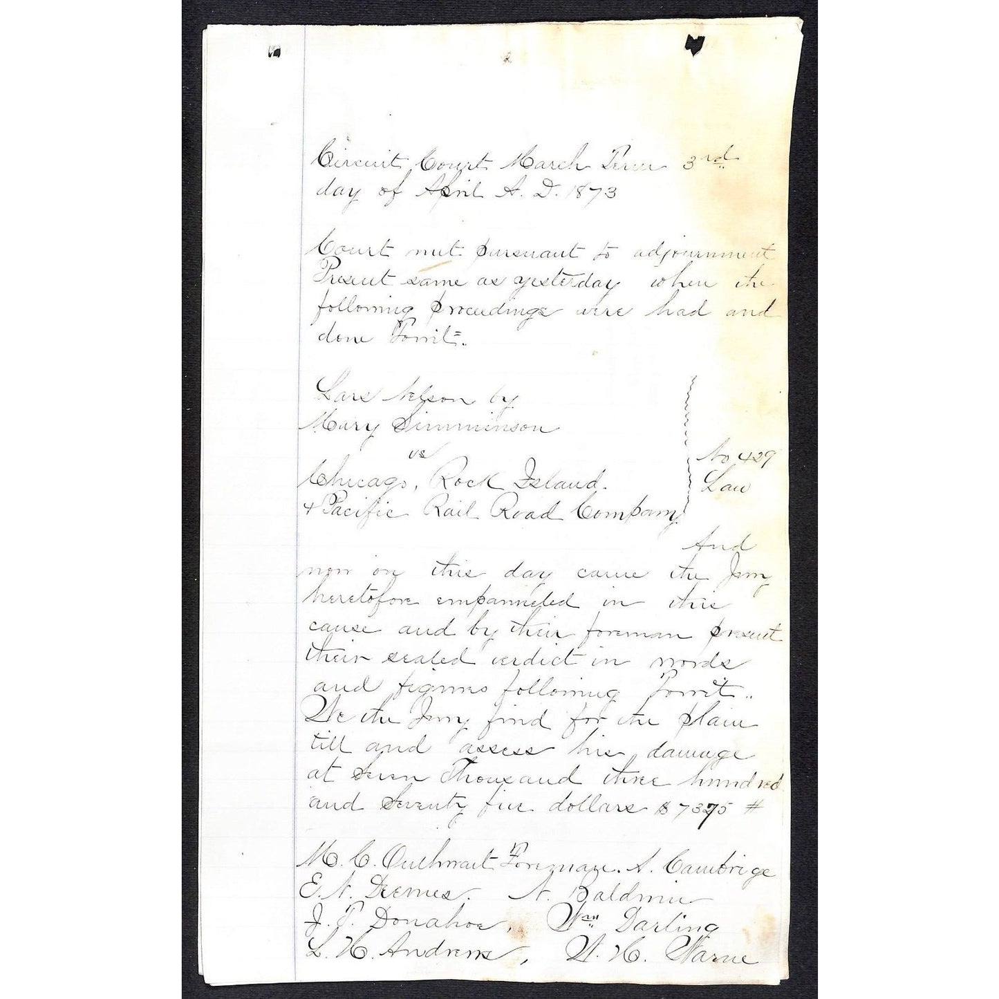 1873 3pp ALS Lawsuit / Legal Document vs CRI&P RR Jury Finds $7375 for Plaintiff