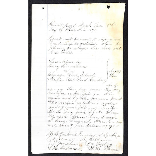 1873 3pp ALS Lawsuit / Legal Document vs CRI&P RR Jury Finds $7375 for Plaintiff