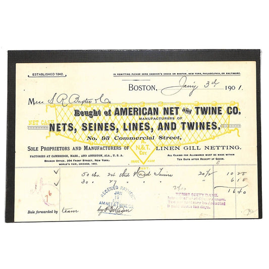 American Net and Twine Co. Boston 1901 Billhead (Nickerson & Baxter)