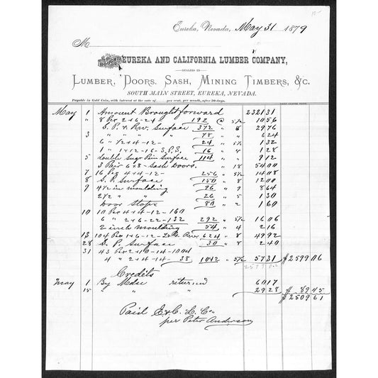 Eureka and California Lumber Co. Mining Timbers 1879 Statement / Letterhead VGC