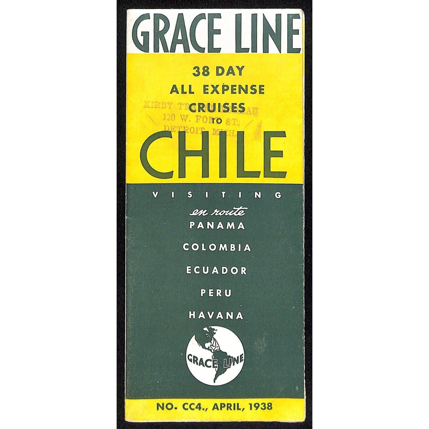 Grace Line Ocean Liner 38 Day Cruises to Chile 1938 Fold Out 16" x 28" Brochure