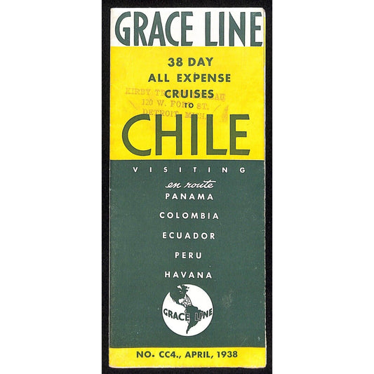 Grace Line Ocean Liner 38 Day Cruises to Chile 1938 Fold Out 16" x 28" Brochure