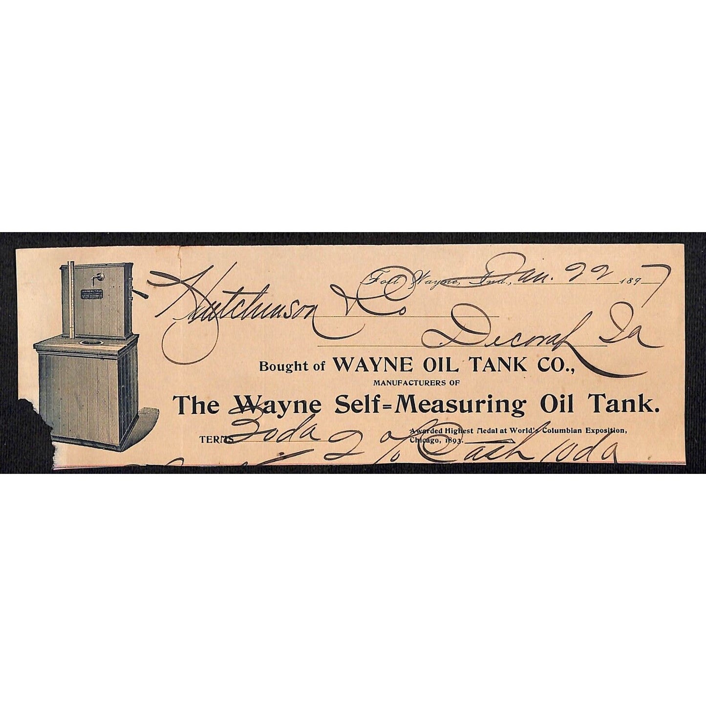 Wayne Oil Tank Co. Fort Wayne, IN Hutchinson Decorah, IA* Cut 1898 Billhead